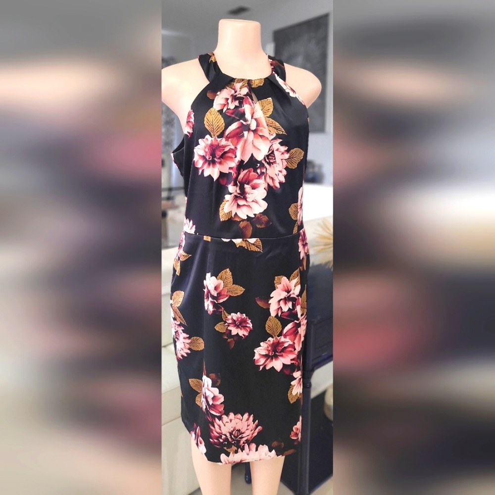 Elegant black large floral print halter style dress. Size 16